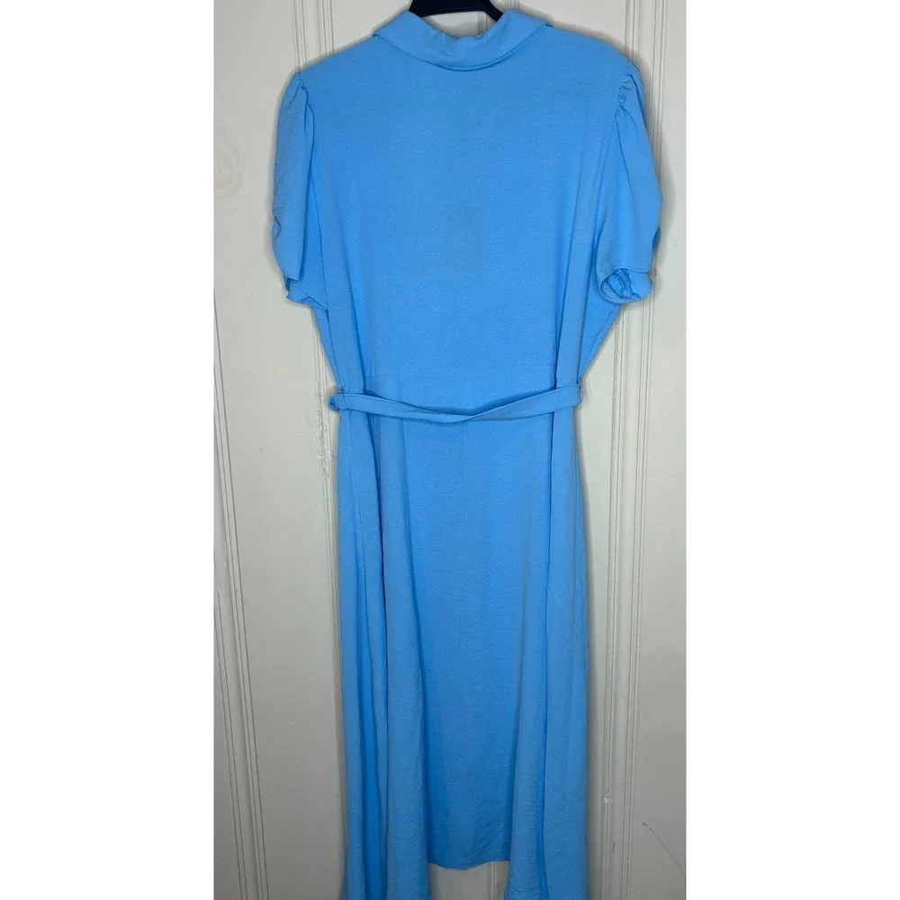 NEW DKNY Midi Dress 16 Blue Short Sleeve Belt V-Neck Collar Preppy Cottage Flowy